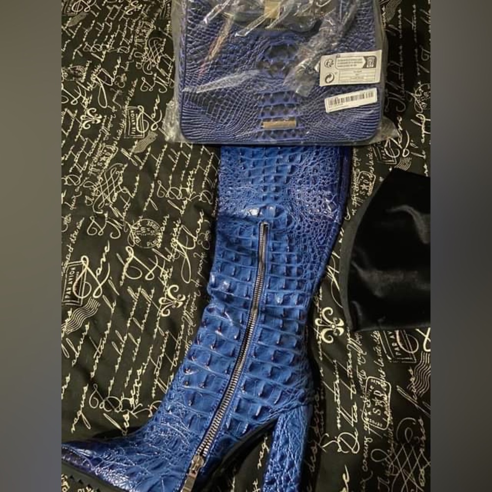 Blue Croc-Embossed Over-the-Knee Boots - Unbranded